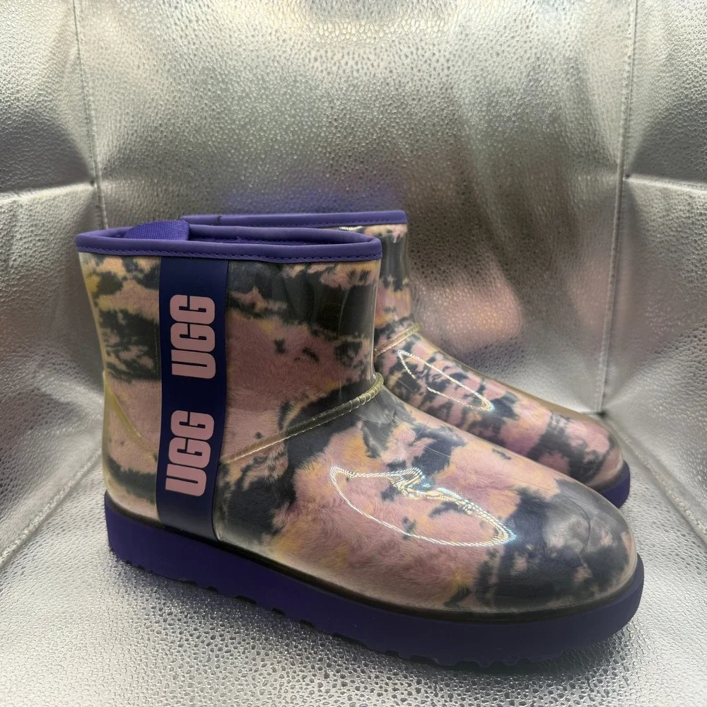Size 9 UGG Classic Clear Mini‎ Violet Night Marble Womens Pull On Rain Boots